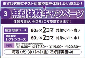個別指導コース　80分×２コマ　対象：小１～高３ レプトンコース　60分×２コマ　対象小１～小６　