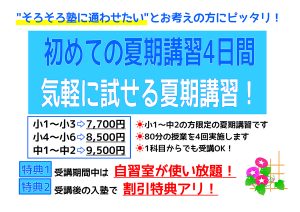 初めての夏期講習４日間 小１～中２まで　気軽に試せる夏期講習！