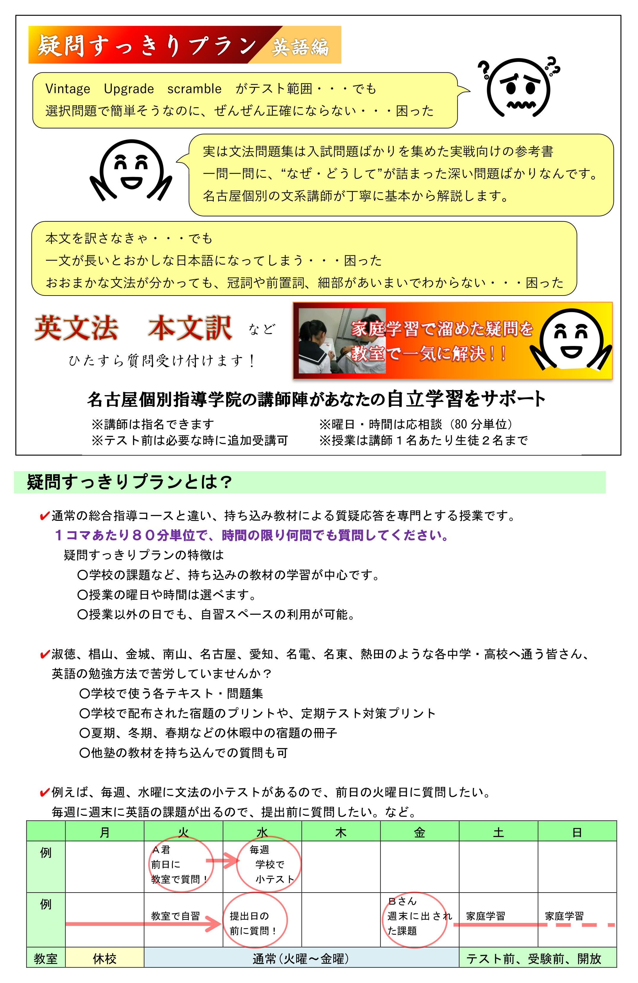 溜めた疑問を一気に解決 疑問すっきりプラン 英語編 名古屋及び近郊の小学生 中学生 高校生対象の個別指導塾は名古屋個別指導学院
