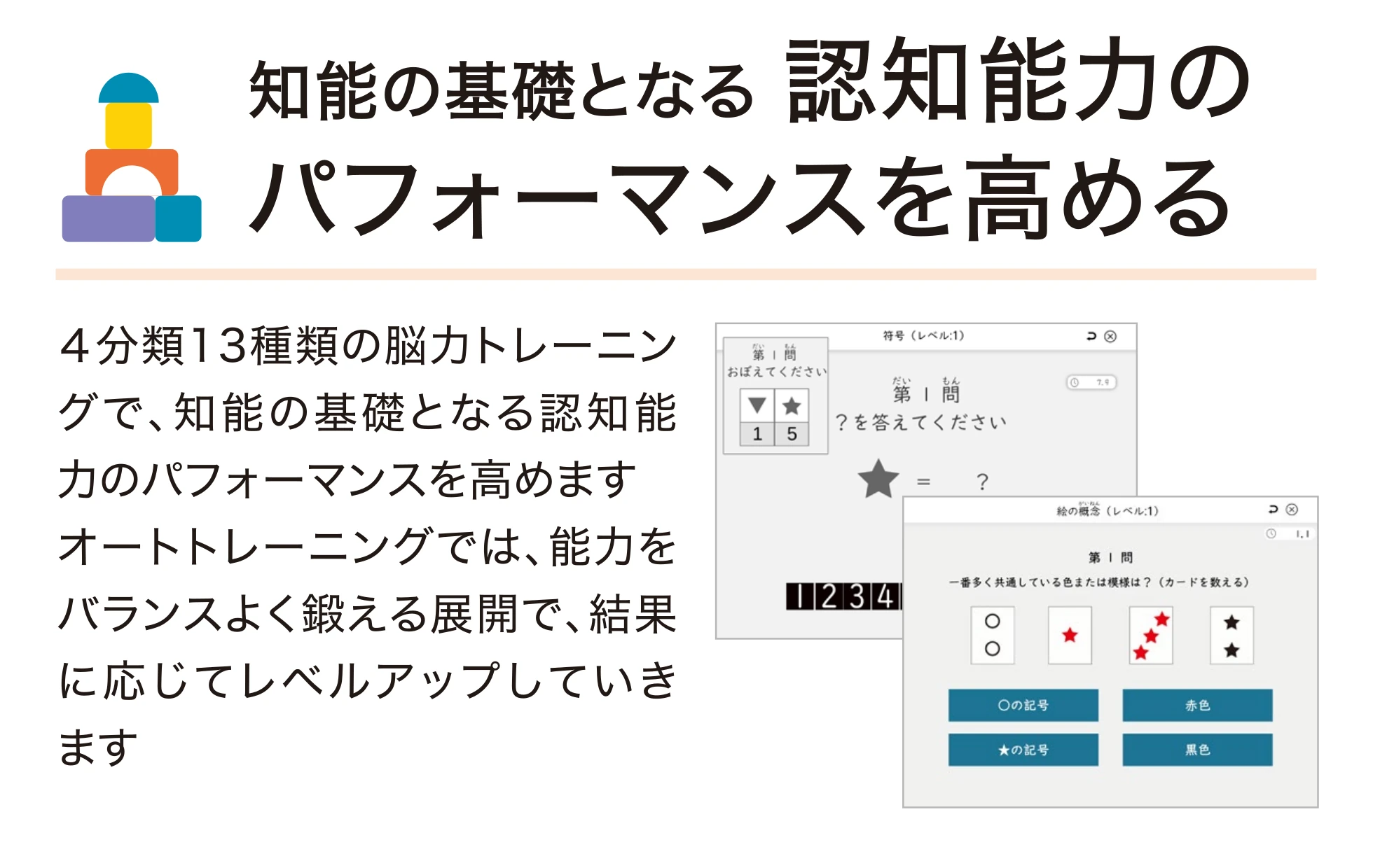 知能の基礎となる認知能力のバフォーマンスを高める。4分類13種類の脳カトレーニングで、知能の基礎となる認知能力のパフォーマンスを高めます。オートトレーニングでは、能力をバランスよく鍛える展開で、結果に応じてレベルアップしていきます