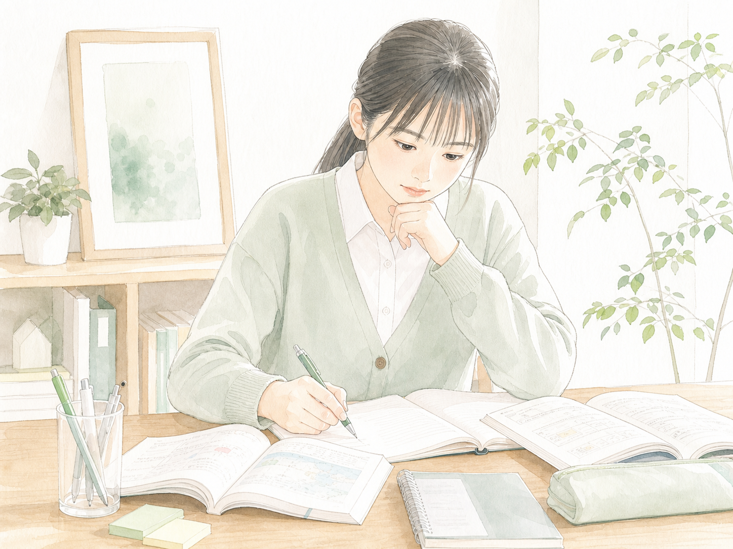 学校の教材やノートを広げて学習する私立中学生