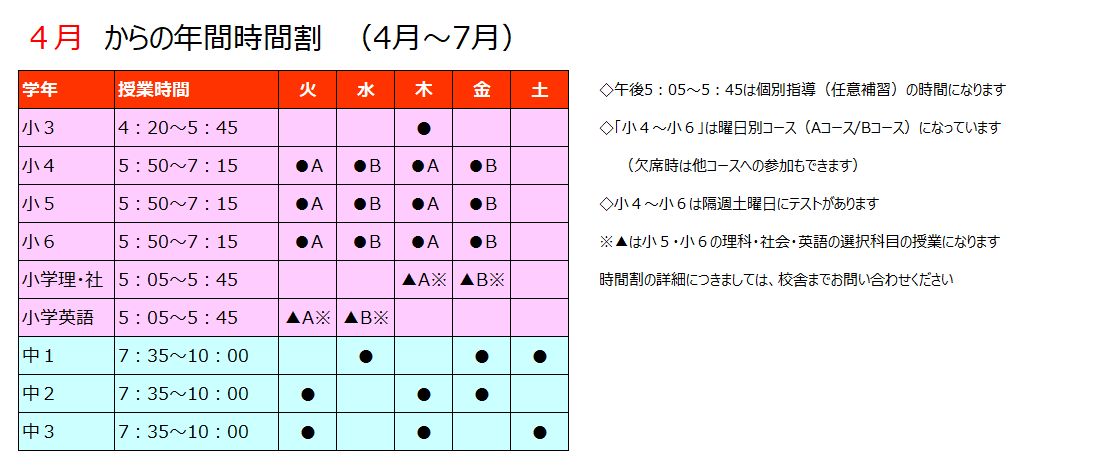 2026年度4月以降の時間割